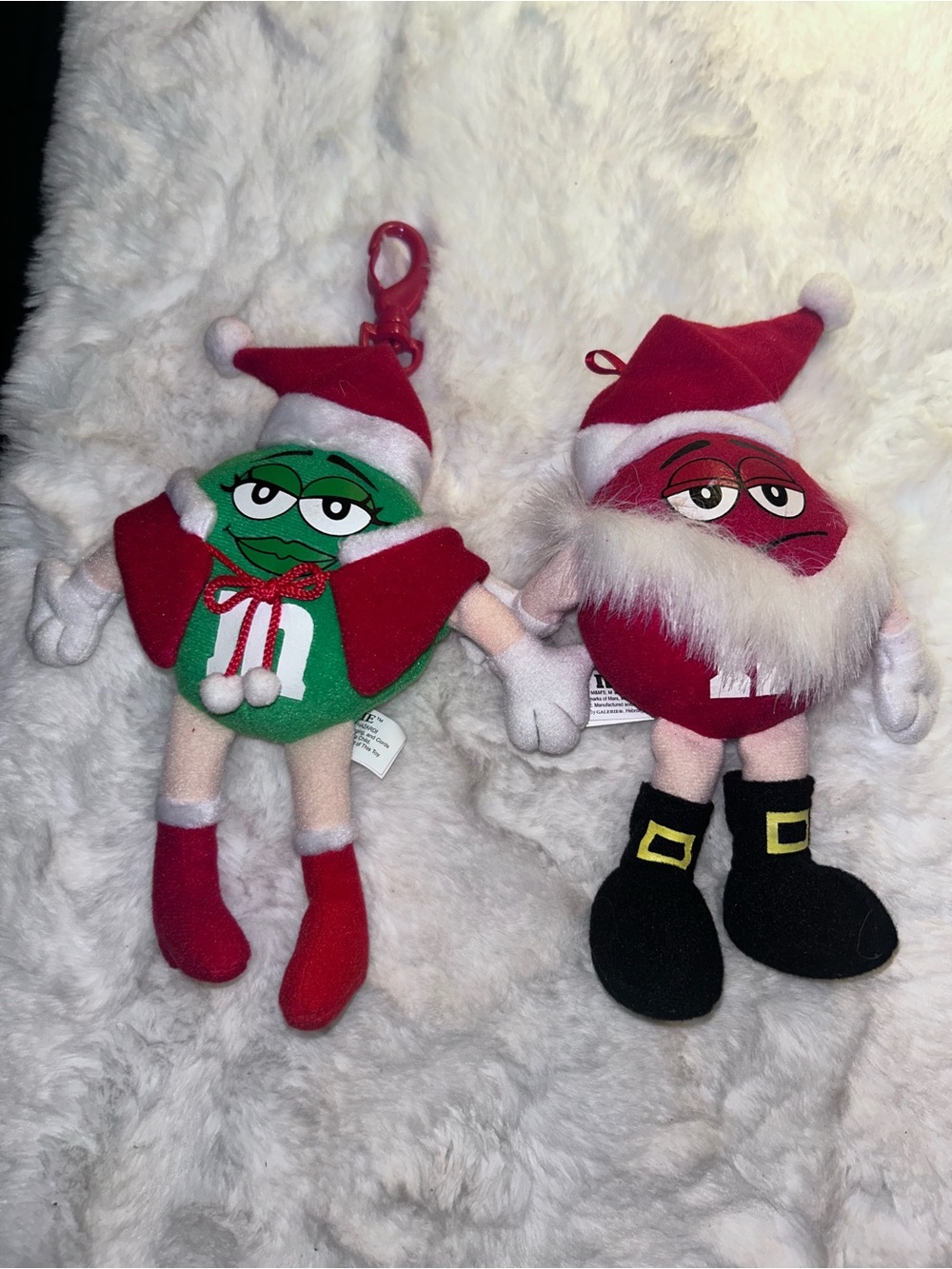 Plush M&M Christmas Ornaments: Green, red lot of 2